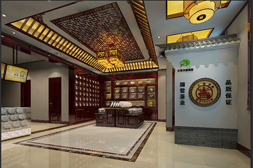 屏边古朴典雅的中式茶叶店大堂设计效果图